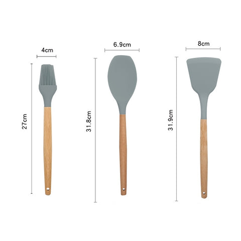 13 in 1 Silicone Wood Handle Heat-resistant Cooking Cutlery Sets Kitchen Tools with Small Container, 13 in 1, with Small Container