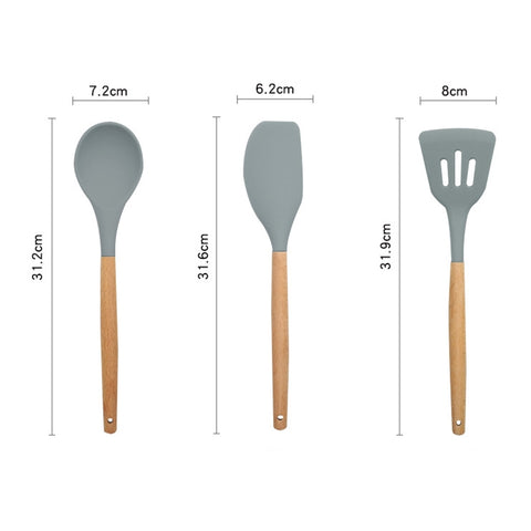 13 in 1 Silicone Wood Handle Heat-resistant Cooking Cutlery Sets Kitchen Tools with Small Container, 13 in 1, with Small Container