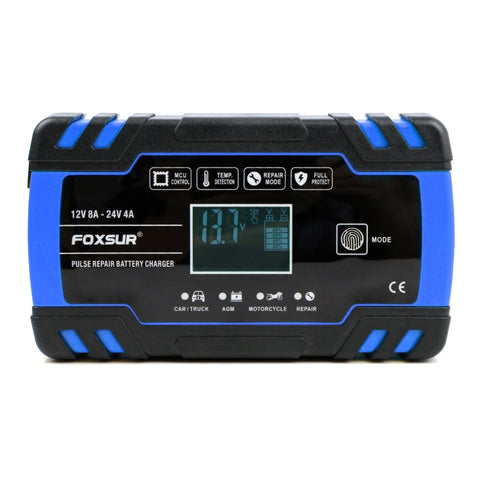 FOXSUR 12V-24V Car Motorcycle Truck Repair Battery Charger AGM Charger, EU Plug (Blue), EU Plug Blue