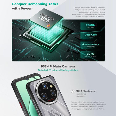 Oukitel WP62 Rugged Phone, 12GB+512GB, 108MP Camera, Fingerprint Identification, 6.6 inch Android 15 MediaTek Dimensity 7025 Octa Core, NFC, OTG, Network: 5G, 12GB+512GB