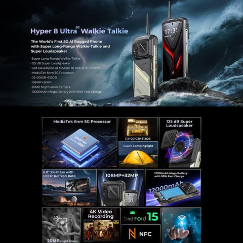 HOTWAV Hyper 8 Ultra Walkie-talkie Rugged Phone, 12GB+512GB, 6.8 inch Android 15 MediaTek MT8791 Dimensity 7050 Octa Core, Network: 5G, OTG, NFC, Hyper 8 Ultra