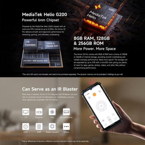 Ulefone Armor 22 Pro IP68/IP69K Rugged Phone, 8GB+256GB, 6.58 inch Android 16 MediaTek Helio G200 Octa Core, Network: 4G, NFC, OTG, 8GB+256GB