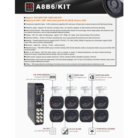 A8B6 8Ch Bullet IP Camera NVR Kit, Support Night Vision / Motion Detection, IR Distance: 15m, A8B6/Kit 960P 1.3MP, A8B6/Kit 1080P 2.0MP, A8B6/Kit 720P 1.0MP