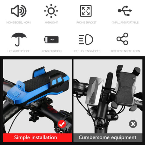 USB Charging Bicycle Light Front Handlebar Led Light , with Holder & Electric Horn, 2400mAh Battery
