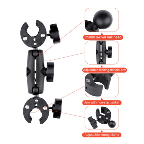 Dual Motorcycle Crab Clamps Handlebar Fixed Mount Selfie Stick, Double Dual-heads Crabs
