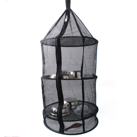Camping Picnic Folding Tableware Vegetables Fruit Dry Net Hanging Mesh Dish Dryer Rack Shelf(Black), Round drying net