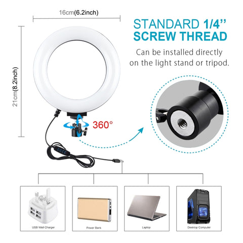 PULUZ Tripod Mount +  Live Broadcast Dual Phone Bracket + 6.2 inch 16cm LED Ring Vlogging Video Light Kits, 3 in 1