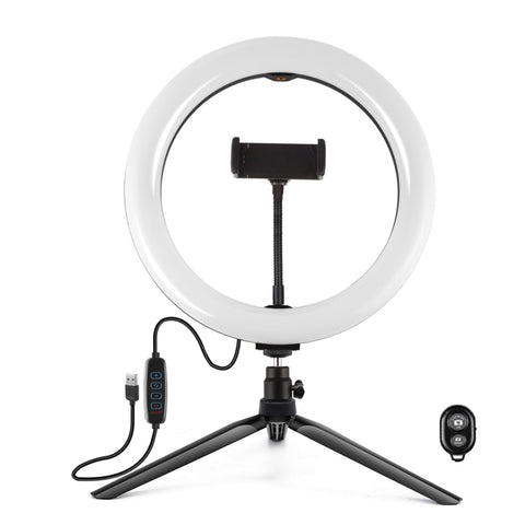 PULUZ 10.2 inch 26cm Light + Desktop Tripod Mount USB 3 Modes Dimmable Dual Color Temperature LED Curved Diffuse Light Ring Vlogging Selfie Photography Video Lights with Phone Clamp, 10.2 inch + Desktop Tripod, 10.2 inch Curved+Tripod