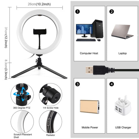 PULUZ 10.2 inch 26cm Light + Desktop Tripod Mount USB 3 Modes Dimmable Dual Color Temperature LED Curved Diffuse Light Ring Vlogging Selfie Photography Video Lights with Phone Clamp, 10.2 inch + Desktop Tripod, 10.2 inch Curved+Tripod