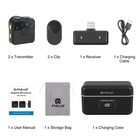 PULUZ Magnetic Lavalier Wireless Microphone with Charging Case Box, 8 Pin RX Receiver and 2 TX Microphones, 8 Pin 2 TX + 1 RX, with Charging Case Box