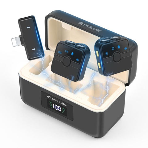 PULUZ Magnetic Lavalier Wireless Microphone with Charging Case Box, 8 Pin RX Receiver and 2 TX Microphones, 8 Pin 2 TX + 1 RX, with Charging Case Box