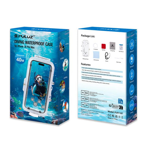 For iPhone 16 Pro Max PULUZ 40m/130ft Waterproof Diving Case with One-way Valve Photo Video Taking Underwater Housing Cover, For iPhone 16 Pro Max (White), For iPhone 16 Pro Max (Transparent)