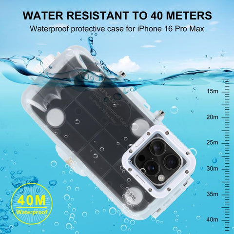 For iPhone 16 Pro Max PULUZ 40m/130ft Waterproof Diving Case with One-way Valve Photo Video Taking Underwater Housing Cover, For iPhone 16 Pro Max (White), For iPhone 16 Pro Max (Transparent)