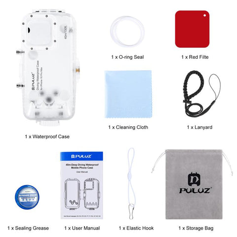 For iPhone 16 Pro Max PULUZ 40m/130ft Waterproof Diving Case with One-way Valve Photo Video Taking Underwater Housing Cover, For iPhone 16 Pro Max (White), For iPhone 16 Pro Max (Transparent)