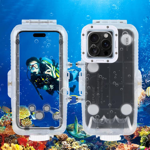 For iPhone 16 Pro Max PULUZ 40m/130ft Waterproof Diving Case with One-way Valve Photo Video Taking Underwater Housing Cover, For iPhone 16 Pro Max (White), For iPhone 16 Pro Max (Transparent)