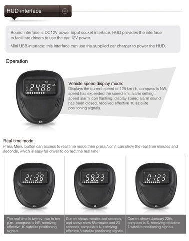 A1 2.0 inch Car GPS HUD Head Up Display Vehicle-mounted Security System, Support Speed & Real Time & Altitude & Over Speed Alarm & Compass & MPH & Auto Sleeping & KM & Satellite Signal, A1