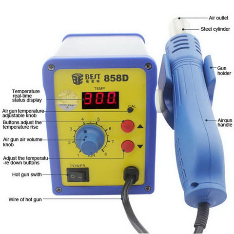 BEST BST-858D AC 220V 50Hz 650W LED Displayer Adjustable Temperature Unleaded Hot Air Gun with Helical Wind, BST-858D EU Plug, BST-858D US Plug