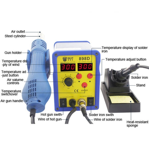 BEST BST-898D 2 in 1 AC 220V 720W LED Displayer Helical Wind Adjustable Temperature Unleaded Hot Air Gun + Solder Station & Soldering Iron, BST-898D EU Plug, BST-898D US Plug