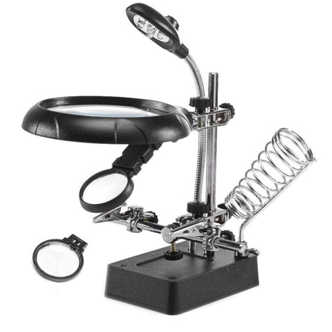 5 LED Auxiliary Clip Magnifier AC/DC Interchangeable with Soldering Stand & Two Magnifier, EU Plug, 2.5X, EU Plug