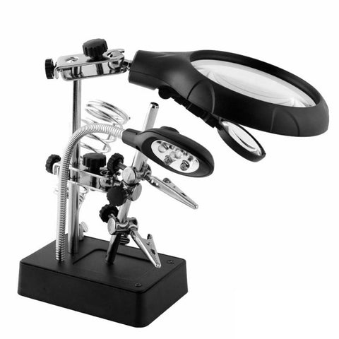 5 LED Auxiliary Clip Magnifier AC/DC Interchangeable with Soldering Stand & Two Magnifier, EU Plug, 2.5X, EU Plug