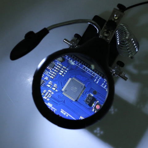 5 LED Auxiliary Clip Magnifier AC/DC Interchangeable with Soldering Stand & Two Magnifier, EU Plug, 2.5X, EU Plug