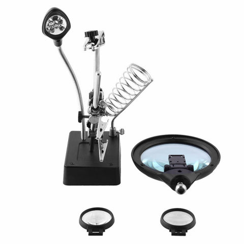 5 LED Auxiliary Clip Magnifier AC/DC Interchangeable with Soldering Stand & Two Magnifier, EU Plug, 2.5X, EU Plug