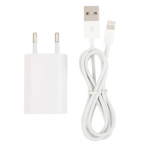 2 in 1 5V 1A EU Plug Travel Charger Adapter with 1m 8-pin Cable For iPhone