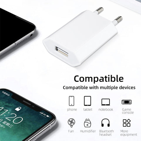 2 in 1 5V 1A EU Plug Travel Charger Adapter with 1m 8-pin Cable For iPhone