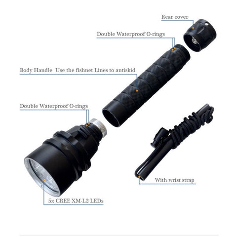 5 x LED White Light Diving Flashlight, 6800 LM, Diving Depth: 150m