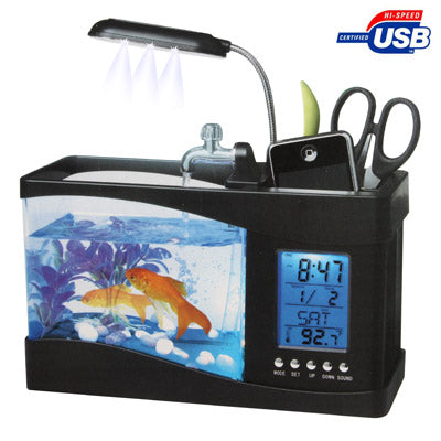 USB Desktop Aquarium Mini Fish Tank with Running Water and 6 LED Light, LCD Clock Display with Calendar, Time and Alarm (Holds 1.5 Quarts of Water)