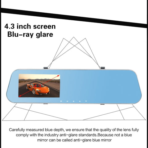Full HD 1080P 4.3 inch Screen Display Dual Camera Vehicle DVR, 140 Degree Wide Angle Viewing, Support Night Vision / Parking Monitoring / Loop Recording / Motion Detection / G-Sensor / TF Card, 4.3 inch