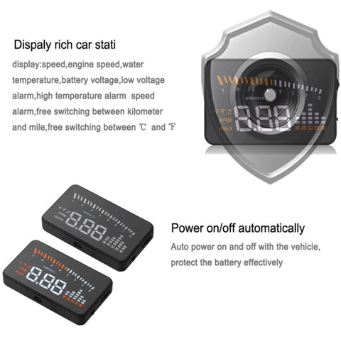 X5 HUD 3 inch Universal Multi Car Head Up Display with OBDII EOBD System, Light Sensors, Rotation Speed, Rotation Speed Unit, Unit Mark, Voltage, Water Temperature, Alarm mark, X5 HUD 3 inch