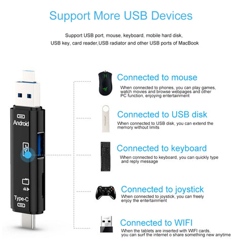 D-188 3 in 1 TF & USB to Micro USB & Type-C Card Reader OTG Adapter Connector