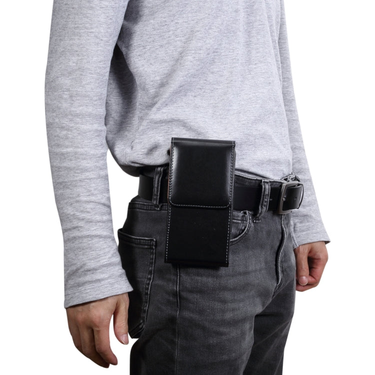 Men Glossy Texture Portable Mobile Phone Back Buckle Vertical Sleeve Waist Pack Leather Case for 6.3 Inch or Below Smartphones, 6.3 inch Glossy Texture
