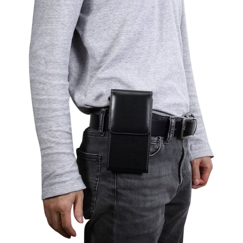 Men Glossy Texture Portable Mobile Phone Back Buckle Vertical Sleeve Waist Pack Leather Case for 6.3 Inch or Below Smartphones, 6.3 inch Glossy Texture