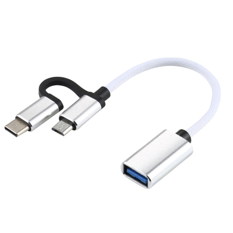 USB 3.0 Female to Micro USB + USB-C / Type-C Male Charging + Transmission OTG Nylon Braided Adapter Cable, Cable Length: 11cm, Micro USB Black, Micro USB Grey, Micro USB Blue, Micro USB Red, Micro USB Silver, Micro USB  White