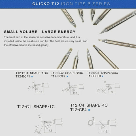 QUICKO T12-BCF3 Lead-free Soldering Iron Tip, T12-BC1, T12-BC1.5, T12-BC2, T12-BC3, T12-BCF1, T12-BCF2, T12-BCF3