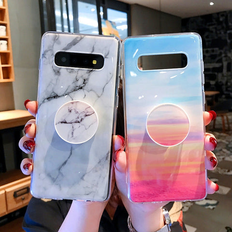 Marble Strip with Bracket TPU Mobile Phone Case for Samsung Galaxy S10 Protection Back Cover, For Galaxy S10