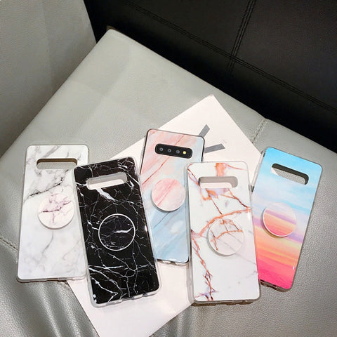 Marble Strip with Bracket TPU Mobile Phone Case for Samsung Galaxy S10 Protection Back Cover, For Galaxy S10