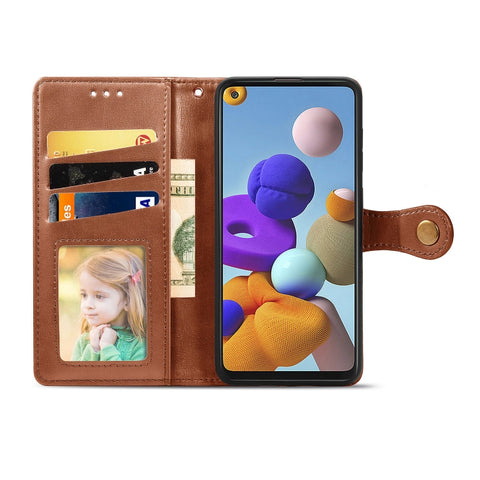 For Samsung Galaxy A21S Retro Solid Color Leather Buckle Phone Case with Lanyard & Photo Frame & Card Slot & Wallet & Stand Function, For Galaxy A21S
