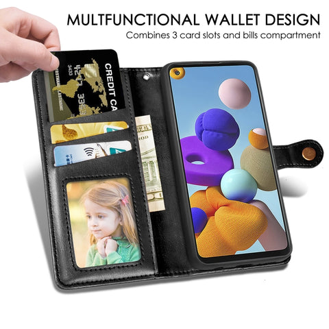 For Samsung Galaxy A21S Retro Solid Color Leather Buckle Phone Case with Lanyard & Photo Frame & Card Slot & Wallet & Stand Function, For Galaxy A21S