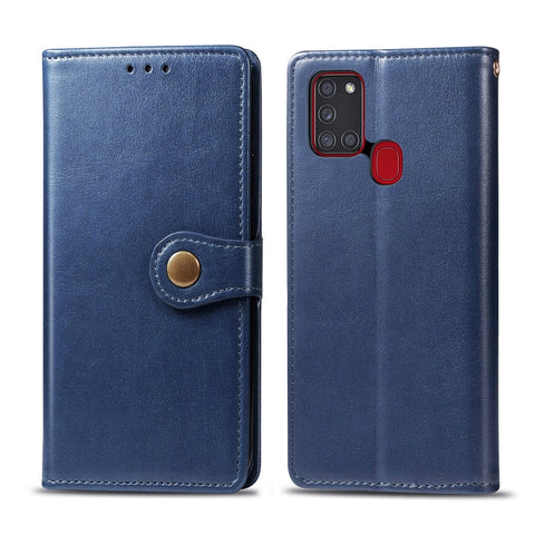 For Samsung Galaxy A21S Retro Solid Color Leather Buckle Phone Case with Lanyard & Photo Frame & Card Slot & Wallet & Stand Function, For Galaxy A21S