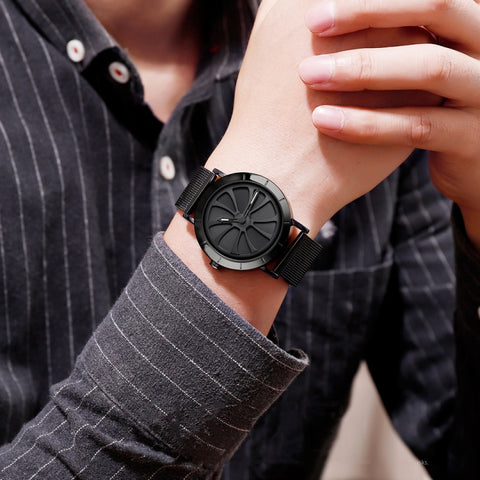 SKMEI 9204 Fashion Skeleton Rotating Dial Waterproof Business Mesh Belt Quartz Watch Men Watch