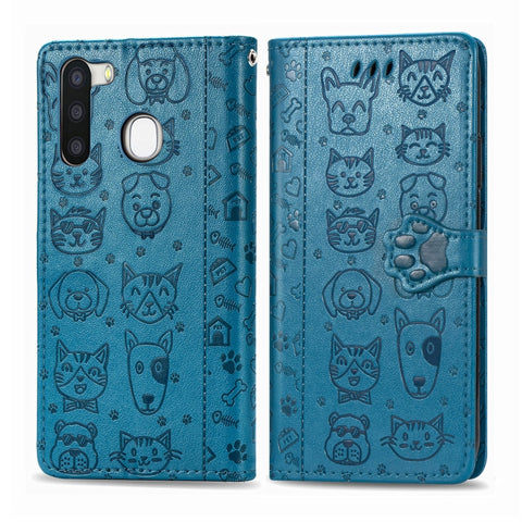 Cute Cat and Dog Embossed Horizontal Flip Leather Case with Holder & Card Slots & Wallet & Cartoon Clasp & Lanyard, For OPPO A5 (2020), For Huawei Y8S, For Samsung Galaxy A21, For Galaxy A21