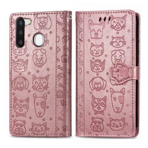 Cute Cat and Dog Embossed Horizontal Flip Leather Case with Holder & Card Slots & Wallet & Cartoon Clasp & Lanyard, For OPPO A5 (2020), For Huawei Y8S, For Samsung Galaxy A21, For Galaxy A21
