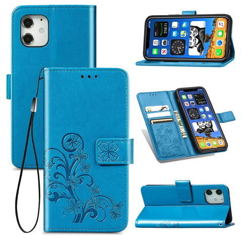 Four-leaf Clasp Embossed Buckle Mobile Phone Protection Leather Case with Lanyard & Card Slot & Wallet & Bracket Function, For iPhone 12 Pro Max, For iPhone 12 / 12 Pro, For iPhone 12 mini