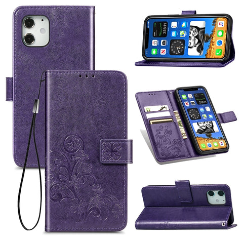 Four-leaf Clasp Embossed Buckle Mobile Phone Protection Leather Case with Lanyard & Card Slot & Wallet & Bracket Function, For iPhone 12 Pro Max, For iPhone 12 / 12 Pro, For iPhone 12 mini