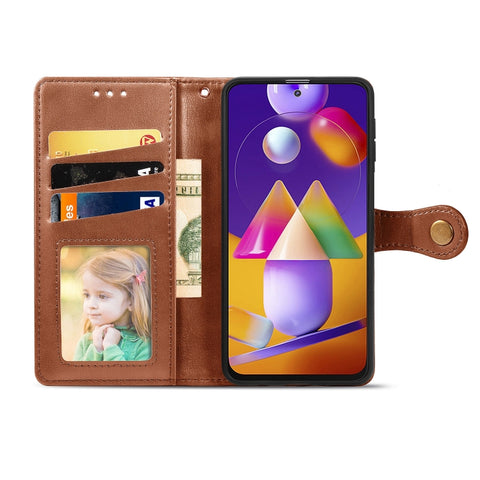 Solid Color Leather Buckle Phone Case with Lanyard & Photo Frame & Card Slot & Wallet & Stand Function, For Samsung Galaxy M31s