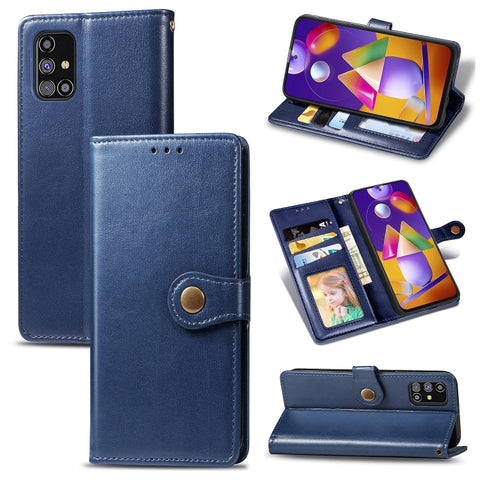 Solid Color Leather Buckle Phone Case with Lanyard & Photo Frame & Card Slot & Wallet & Stand Function, For Samsung Galaxy M31s