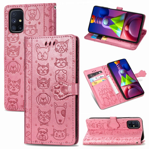 Cute Cat and Dog Embossed Horizontal Flip Leather Case with Bracket / Card Slot / Wallet / Lanyard, For Galaxy M51, For Samsung Galaxy M51